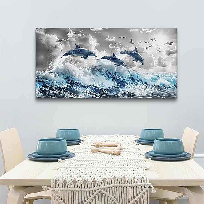 Wapluam Large Wall Decor For Living Room Framed Canvas Wall Art For Bedroom Blue Waves Of The Sea Wall Pictures Artwork Fashion Office Canvas Art Prints Dolphins Seascape Paintings Home Decoration