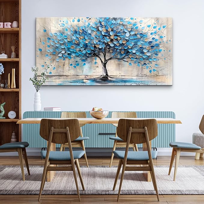 Lapremoly Textured Abstract Wall Pictures Artwork Large Wall Decor For Living Room Framed Canvas Wall Art For Bedroom Office Decor Blue Tree Paintings Panoramic Landscape Prints Home Decor 48"X24"