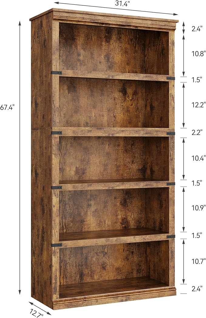 5 Tier Farmhouse Bookcase, 67.4 in Tall Book Shelf with Storage, Wooden Bookshelves 5 Shelf Display Shelvesfor Home Office, Living Room, Bed Room (Vintage, 67.4 in H x 31.5 in W x 12.8 in D)