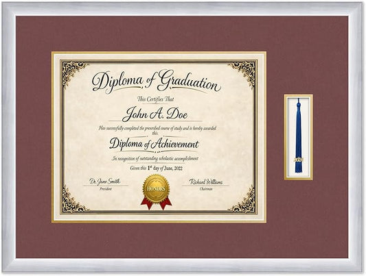 Diploma Frame with Tassel Holder 25.25 x 19 Stainless Silver Shadowbox Dark Red Over Gold Mat - Fits 15 x 12 Degree Made in the USA