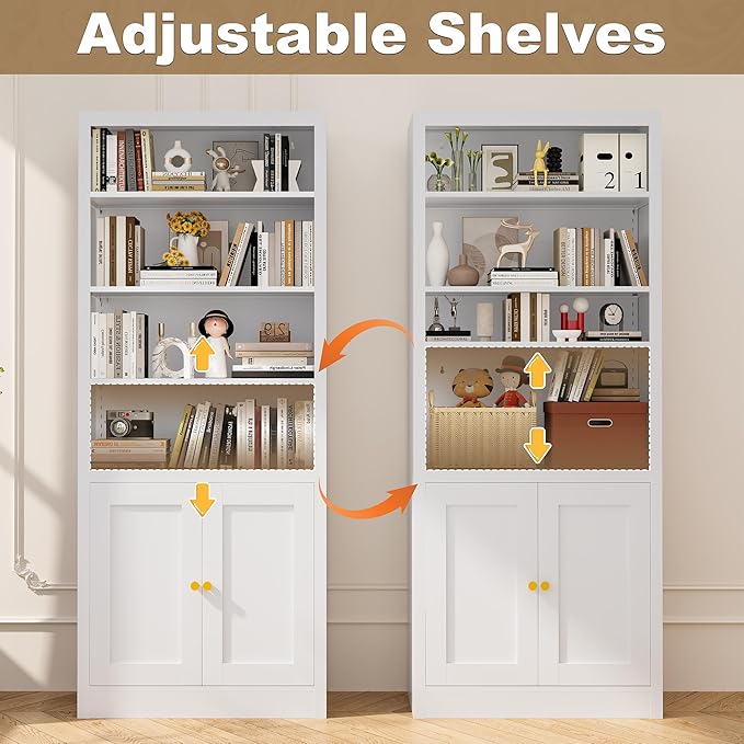 White Bookcase, Library Office Book Shelf with Adjustable Shelves, Tall Bookcase with Doors for Bedroom Living Room Kitchen. Metal Bookshelf Ideal for Home Organization & Stylish Upgrades