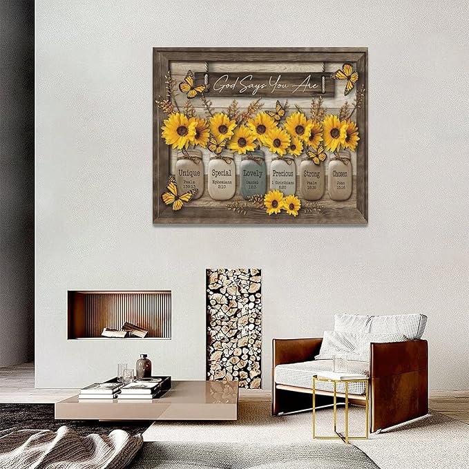 Christian Sunflower Wall Art Rustic Sunflower Butterfly Pictures Wall Decor Country Bible Verse Canvas Painting Modern Home Artwork Decoration for Bathroom Living Room Bedroom Office Framed 20"x16"