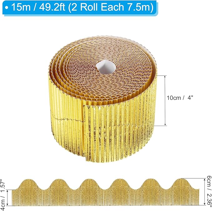 PATIKIL 3.9inch x 49.2ft Bulletin Board Border, Scalloped Trim Paper Corrugated Paper for Locker Classroom Decor Black White Cork Poster Boards, Gold