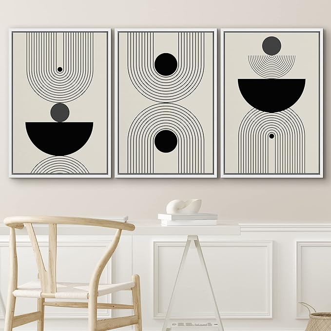 IDEA4WALL Framed Canvas Print Wall Art Set Geometric Dark Circle Striped Polygon Collage Abstract Shapes Illustrations Modern Art Decorative Nordic for Living Room, Bedroom, Office - 24"x36"x3 White