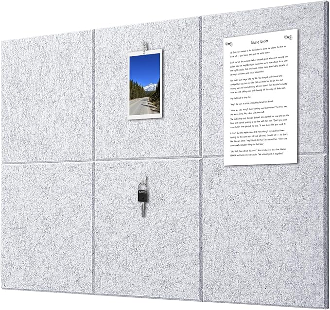 Felt Wall Tiles Bulletin Board Large Cork Board Alternative 6 Pack 11.81”x11.81”x0.47” Felt Pin Board Tack Board with Safe Removable Adhesive Tabs for Home Office School 36x24 (Silver Grey)
