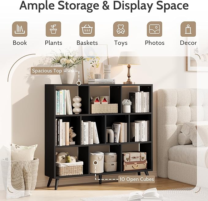10 Cube Bookshelf, 3 Tier Wooden Book Shelf, Modern Black Short Bookcase with Solid Wood Legs, Small Book Cases Vintage Wide Storage Organizer with Open Shelf for Kids, Small Spaces, Bedroom, Office