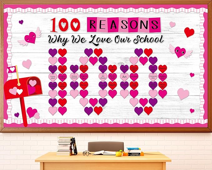 OBUSATT Valentine's Day Bulletin Board Set Valentine 100 Reason Love School Classroom Decoration 100 Days of School Bulletin Board Love Heart Cutouts for Classroom Home Door Chalkboard Wall Decor