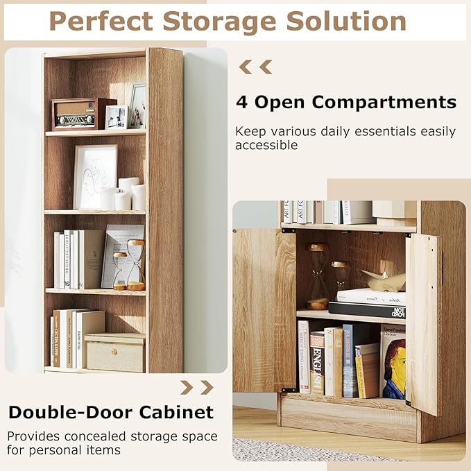 Giantex 6-Tier Bookshelf with Double Doors, 71" Tall Bookcase with 4 Open Cubes & 3 Adjustable Shelves, Mid Century Display Cabinet, Modern Floor Storage Organizer for Living Room, Study, Oak
