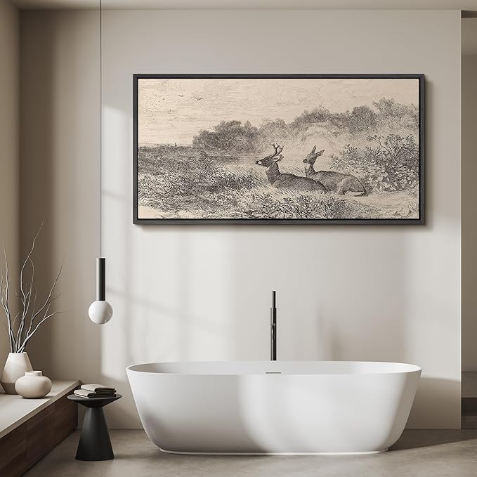 SIGNFORD Extra Large Framed Canvas Vintage Deer Meadow Landscape Illustrations Modern Art Calm Warm for Living Room, Bedroom, Office - 60"x30"