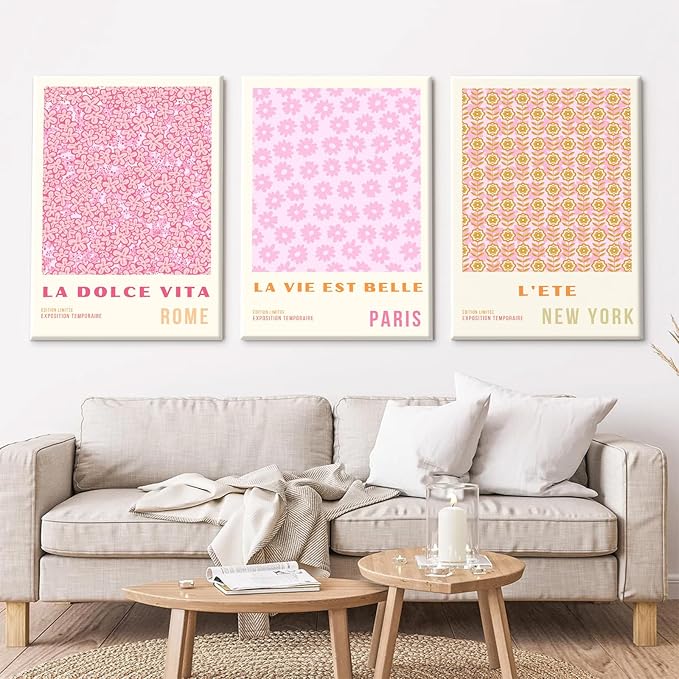 Pink Flower Market Wall Art Decor Aesthetic Abstract Canvas Floral Minimalist Wall Art Pictures Orange Floral Prints Artwork Botanical Flower Poster Colorful Painting 12x16 Inch Framed Set of 3