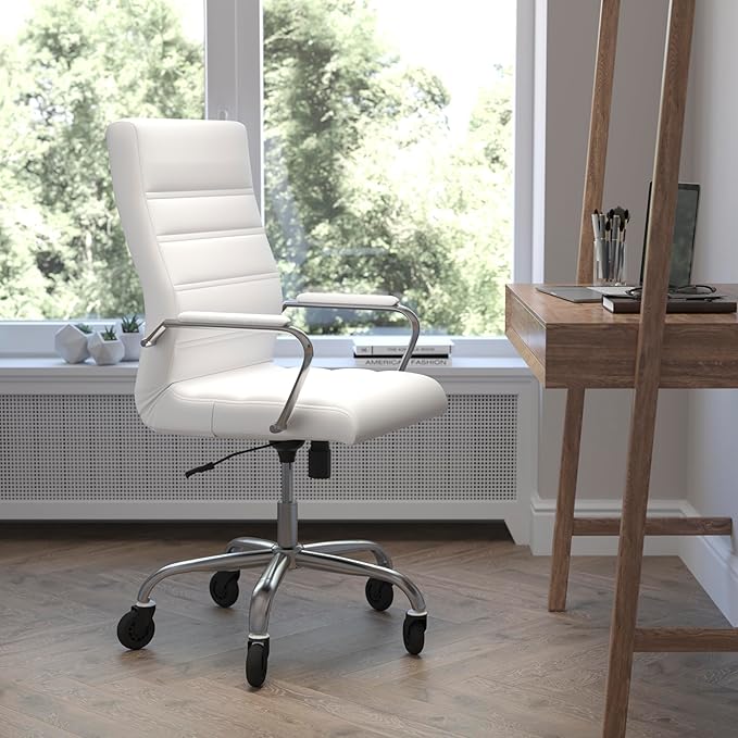 Flash Furniture Whitney High Back White LeatherSoft Executive Swivel Office Chair with Chrome Frame, Arms, and Transparent Roller Wheels