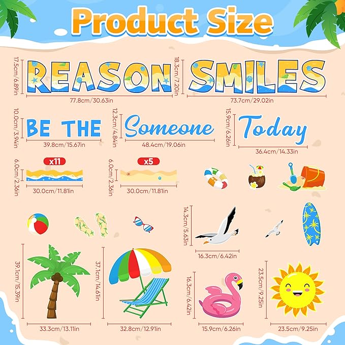 Summer Bulletin Board Decoration Set Be The Reason Someone Smiles Today Bulletin Board Summer Classroom Decoration Beach Cutouts for Teacher Supplies Home School Chalkboard Door Wall Decor