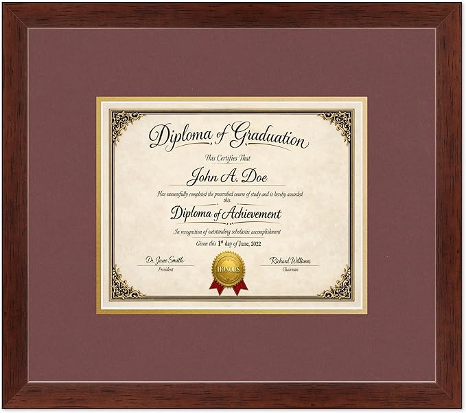 Diploma Frame Rustic Walnut with Dark Red Over Gold Double Mat - Fits 10 x 8 Professional License Wall Display Made in the USA