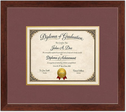 Diploma Frame Rustic Walnut with Dark Red Over Gold Double Mat - Fits 10 x 8 Professional License Wall Display Made in the USA