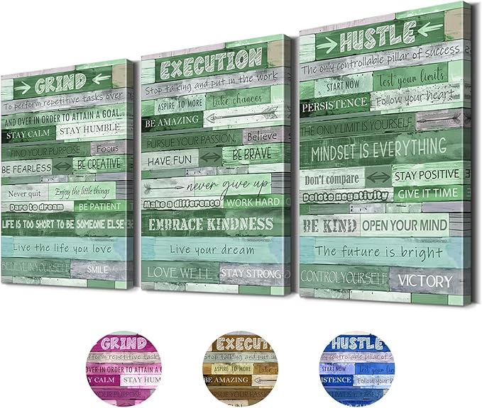 YOUHONG 3 Pieces Inspirational Wall Decor Motivational Wall Art Inspirational Posters Grind Execution Hustle Motivational Art Office Decor Ready-to-Hang Office Artwork for Room (20''Wx28''Hx3)