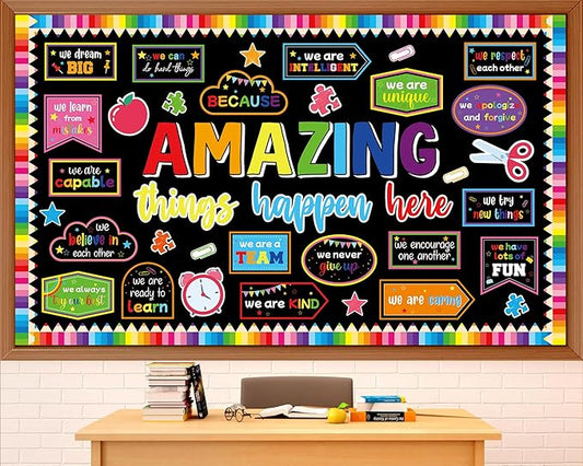gisgfim Welcome Back to School Bulletin Board Decorations Set Amazing Things Happen Here Classroom Colorful Paper Cutouts Motivational Pencil Bulletin Board Borders Decor for Nursery Chalkboard Wall