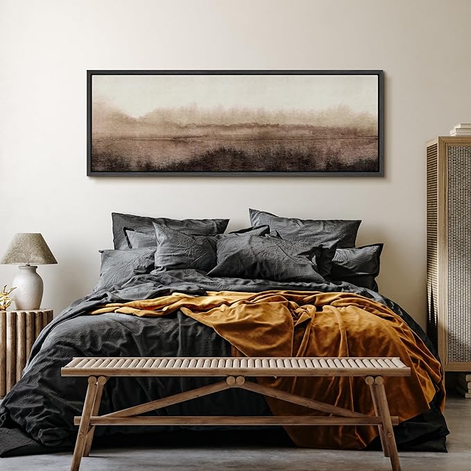 SIGNFORD Large Framed Canvas Misty Woodland Neutral Landscape Illustrations Modern Art Calm Warm for Living Room, Bedroom, Office - 60"x20"