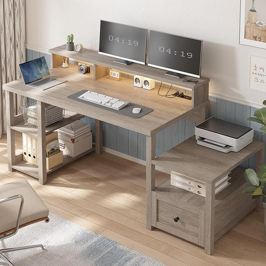 EnHomee 60.4" Farmhouse Computer Desk with Drawer & Power Outlet, Gaming Desk with LED Light, Office Desk with Monitor Stand, Study Desk, Work Desk for Home Office, Study Room, Bedroom, Ash Gray