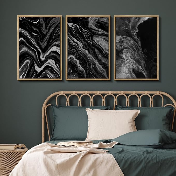 SIGNFORD Framed Wall Art Print Set Monochrome Swirl Abstract Contemporary Black and White Digital Art Modern Art Contemporary for Living Room, Bedroom, Office - 24"x36"x3 NATURAL