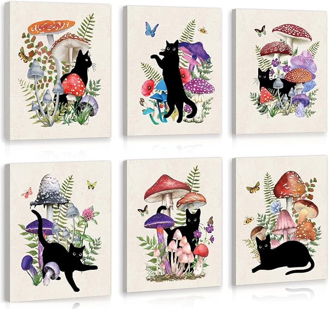 CHDITB Black Cat Canvas Wall Art, Vintage mushroom and cat Wall Decor, Nature Artwork Fantasy Fungus Feline Poster Retro Aesthetic Art Prints For Cats Lover Living Room Bedroom Decor (8X10 Inch)