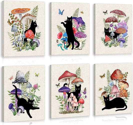 CHDITB Black Cat Canvas Wall Art, Vintage mushroom and cat Wall Decor, Nature Artwork Fantasy Fungus Feline Poster Retro Aesthetic Art Prints For Cats Lover Living Room Bedroom Decor (8X10 Inch)