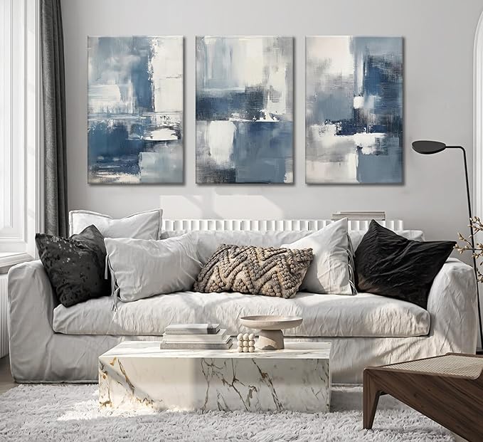 3pcs Navy Blue Abstract Canvas Wall Art Modern Minimalist Neutral Blue White Painting Picture Wall Decor Poster Print Artworks for Living Room Bedroom Office Decoration