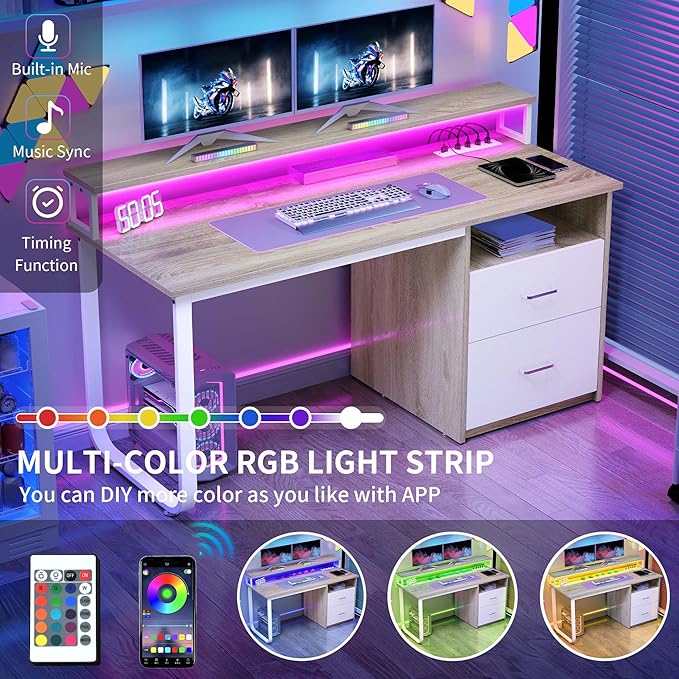 YITAHOME Computer Desk with Drawers, 55" Office Desk with Power Outlets & LED Light, Home Office Desk with Storage Shelves, White & Oak
