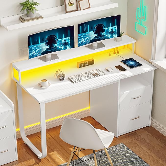 YITAHOME Computer Desk with Drawers, 47.2" Office Desk with Power Outlets & LED Light, Home Office Desk with Storage Shelves, White