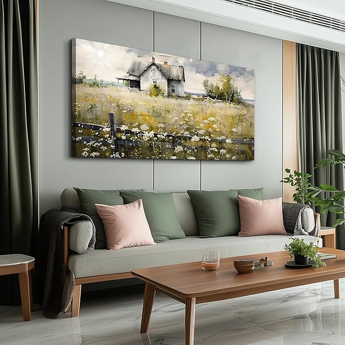 FUHAIHUA Framed Wall Decor Living Room Aesthetic Canvas Wall Art For Bedroom Office Wall Decorations Rural Landscape Paintings Farmhouse Watercolor Pictures Mural Artwork Room Home Decor 20x40 In