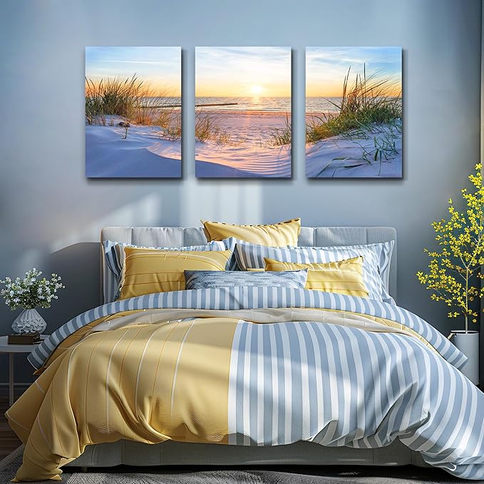 Wall Art for living room Print Artwork Wall Art Decor Poster Blue sun beach grass ocean Landscape painting bedroom bathroom Decorations Seascape Canvas Prints Picture Home Office wall Decor Works