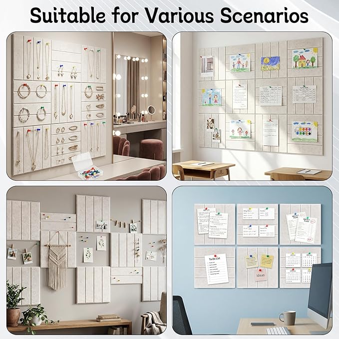 Felt Bulletin Board Tiles 48" x 36", 12-Pack Cork Board for Office, Pin Board with 60 Pushpins Cork Boards for Office Decor Walls Organizer, 70 Adhesive Tabs Included - Oatmeal