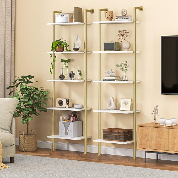 5-Tier Bookshelf - Solid Wood Narrow Bookcase Set of 2, Wall Mount Ladder Shelf, Storage Rack for Living Room, Bedroom, Bathroom, White and Gold