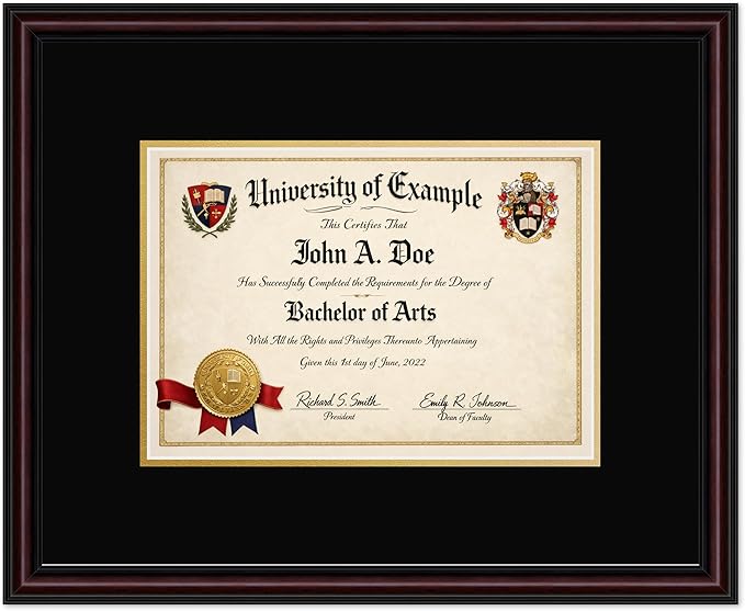 CountryArtHouse Diploma Frame Fits 11.69 x 8.27 A4 Certificate - Keepsake Graduation Display Executive Brown Genuine Hardwood with Black Over Metallic Gold Double mat