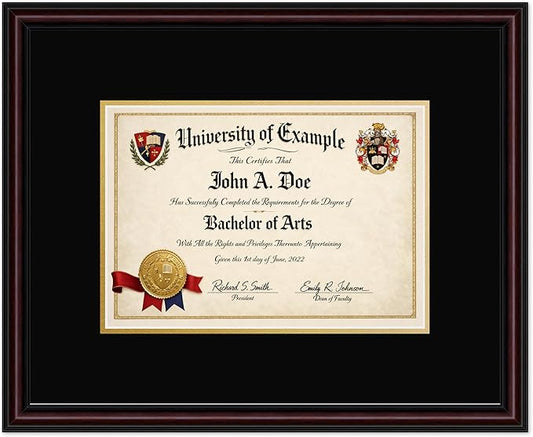 CountryArtHouse Diploma Frame Fits 11.69 x 8.27 A4 Certificate - Keepsake Graduation Display Executive Brown Genuine Hardwood with Black Over Metallic Gold Double mat