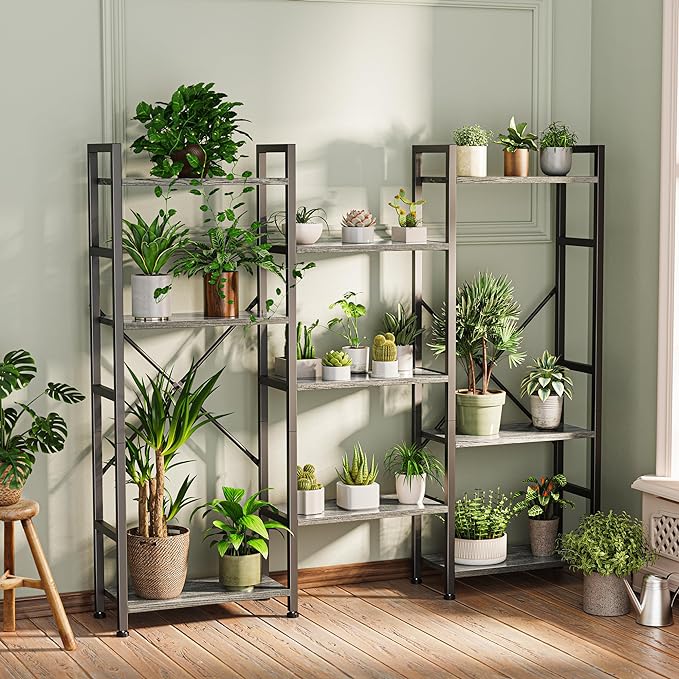 SUPERJARE Triple Bookshelf, Bookcase with 11 Open Display Shelves, Wide Book Shelf Book Case for Home & Office, 4 Tier, Grey