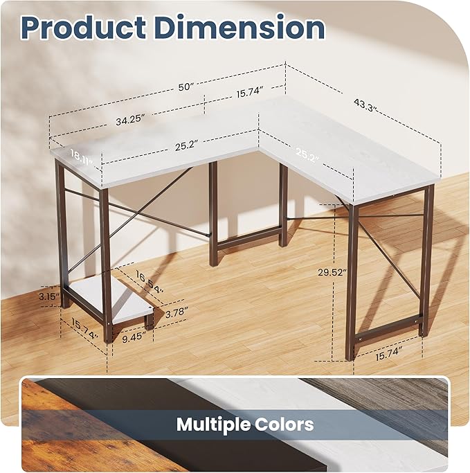 DUMOS L Shaped Desk, Computer Gaming Desks Corner Office Table with CPU Shelf for Home Study Writing Work Station 50 Inch, White