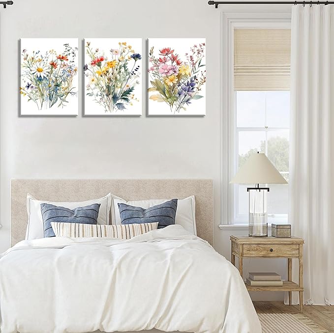 Colorful Wildflower Canvas Wall Art Watercolors Botanical Flower Painting Picture Wall Decor Modern Painting Floral Poster Print Artwork for Bedroom Living Room Gallery Home Decoration Framed