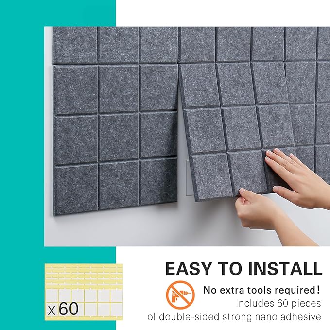 Large Cork Board, 12 Pack Felt Wall Tiles with Safe Removable Adhesive, Bulletin Board for Office, Pin Tack Corkboard for Quilting Design & Dart Wall Protector 48" x 36" - Drak Grey