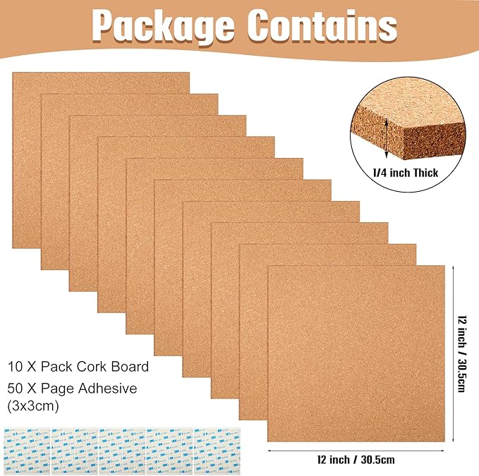 Kosiz 10 Pack Cork Board Square 12" x 12", 1/4" Thick Cork Board Tiles Bulk for Wall Self Adhesive Bulletin Corkboards Tiles Sheet for Wall School Office Home Decoration