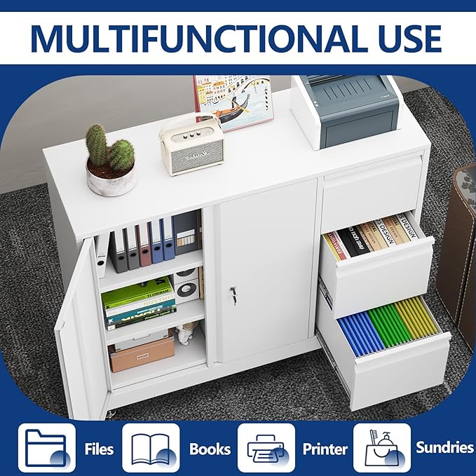 Metal Lockable File Cabinet with 3 Drawers, Black Metal Storage Cabinet with Locking Doors for Home Office Garage School (46.45" W x15.75 D x 40.4 "H)