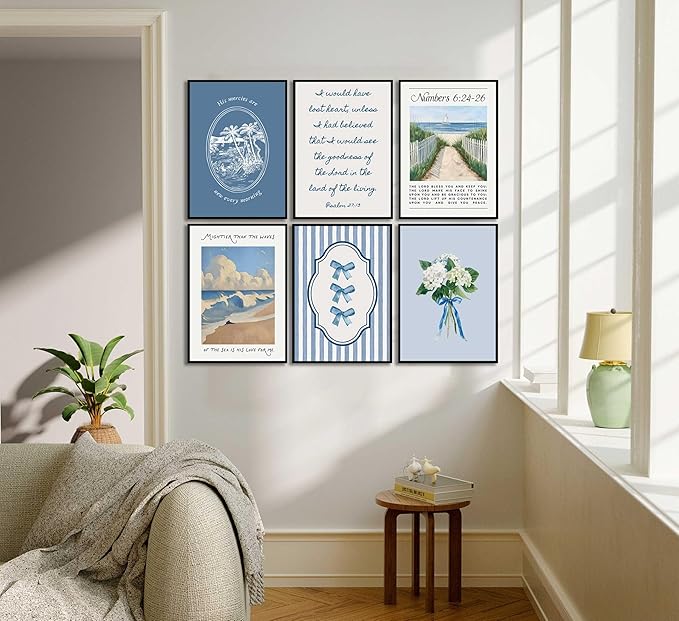 6Pcs Blue Coastal Christian Wall Art Bible Verse Canvas Painting Coastal Granddaughter Preppy Pictures Wall Decor Blue Hydrangea Bow Aesthetics Posters Prints for Girls Bedroom Living Unframed