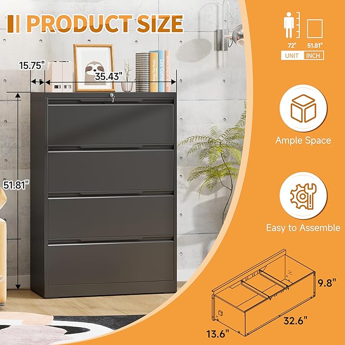 4-Drawer Metal File Cabinet with Lock,Steel Printer Stand with Storage for Home Office,Lateral Filing Cabinet for Legal/Letter/A4 Files,Assembly Required(35.43''W-4 Drawers,Black)