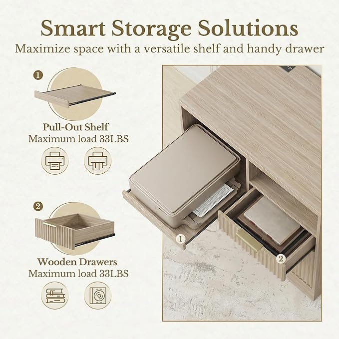 3 Drawer File Cabinet, Fluted Wood Lateral Filing Cabinet with Charging Station for Home Office, Fits for A4/Letter-Sized Files, Printer Stand with Open Storage Shelves, Natural Walnut
