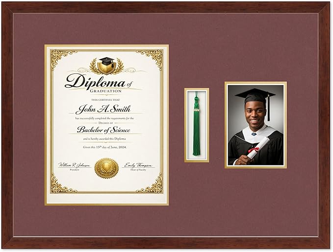 CountryArtHouse Diploma Tassel and Photo Shadowbox Fits 10 x 13 College Diploma (Portrait Traditional) Rustic Walnut Genuine Hardwood with Dark Red Over Metallic Gold Double mat