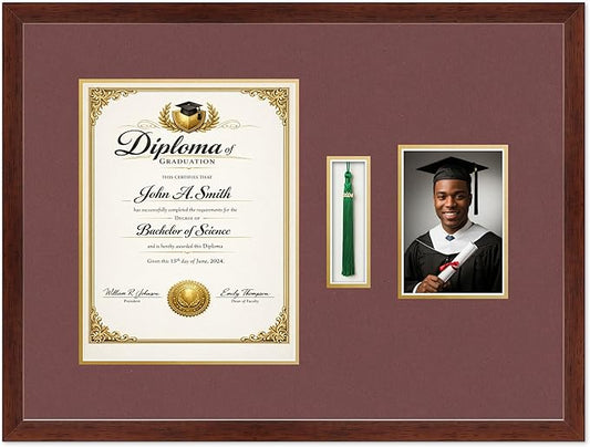 CountryArtHouse Diploma Tassel and Photo Shadowbox Fits 10 x 13 College Diploma (Portrait Traditional) Rustic Walnut Genuine Hardwood with Dark Red Over Metallic Gold Double mat