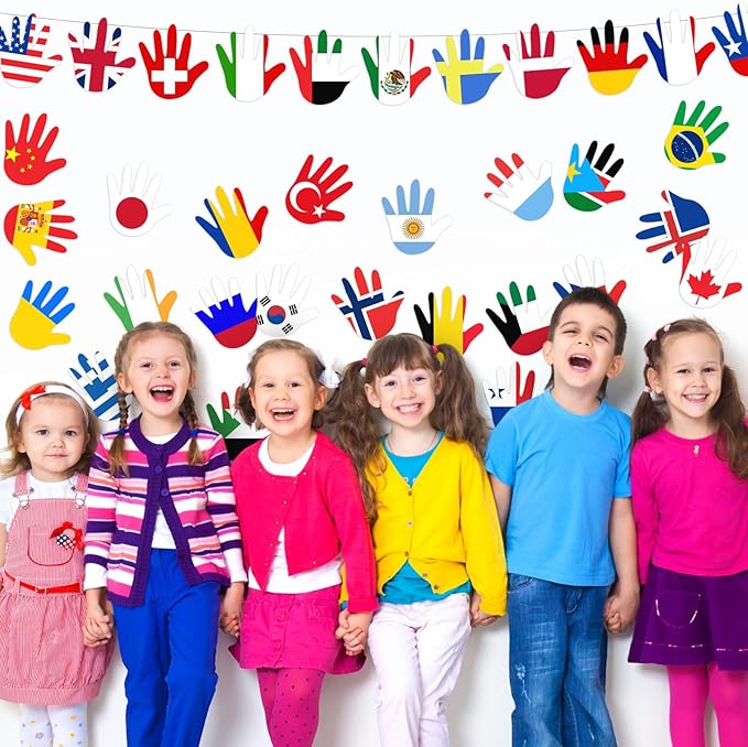36 Pcs Around The World Bulletin Board Set Flags of The World Multicultural Hands Cut Out Decorations International Country Flags History Classroom Decor Diversity Back to School Wall Door