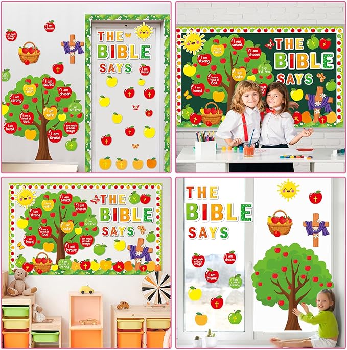 gisgfim Apple Tree Christian Bulletin Board Decorations Set Fall Religious Inspirational Paper Cutouts Jesus Bible Bulletin Board Decor for Sunday School Classroom Chalkboard Wall