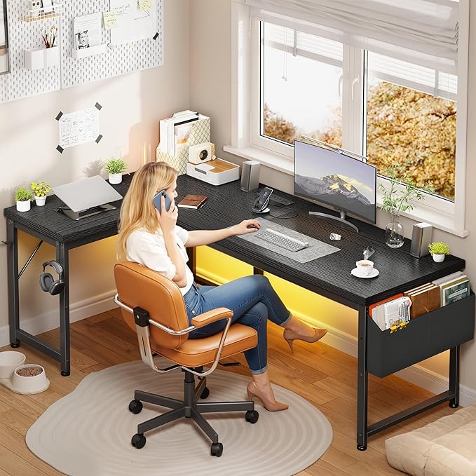 63" L Shaped Desk with Power Outlets and USB-C Port, Reversible Computer Desk, Larger Office Corner Gaming Desk with LED, 0.95" Thicker Desktop, Metal Frame, for Home Office, Study, Black