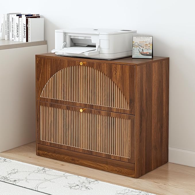 Fluted 2 Drawer Lateral File Cabinet, Office Wood File Cabinet & Printer Cabinet with Adjustable & Removable Hanging Rod for Letter/Legal/A4 (Walnut)