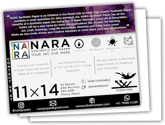 NARA Alcohol Ink Paper | White | 11 inches x 14 inches (11”x14”) | 430 microns/320 GSM | Heavy Paper | 10 Sheets | Paper for Alcohol Ink Art Painting | 100% Stain-Free
